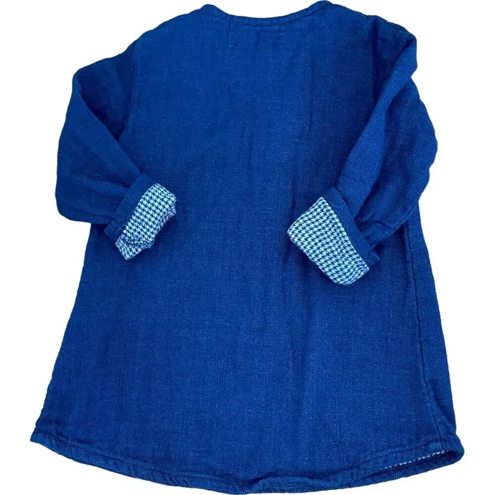 Zara toddler dress dark soft denim cotton Gingham contrast cuff Ruffle 18-24 mos